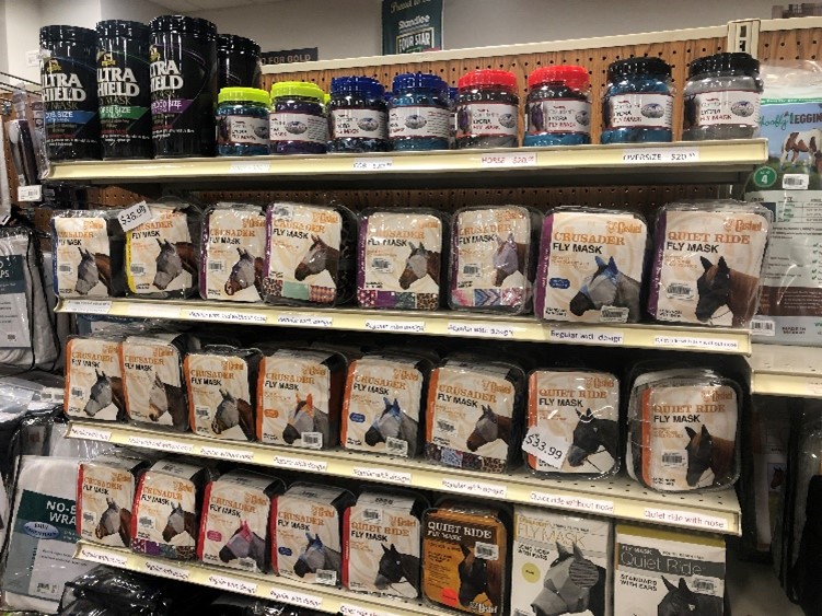 Horse products on a shelf